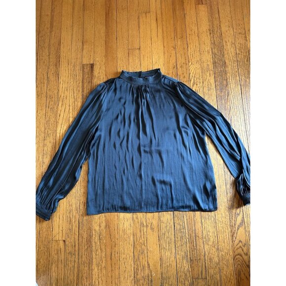 Current Air High Neck Blouse Pleated Satin Ruffle Trim Top Size Large Green - Picture 1 of 6